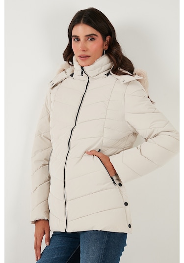 Lela Kapitoneli Slim Fit Çıkarılabilir Kapüşonlu Bayan Mont 497Mara Taş