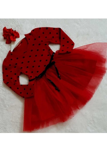 Kız Çocuk Kırmızı Uzun Kol Puantiyeli Doğum Günü Özel Gün Yılbaşı Hediye Abiye Günlük Prenses Elbise Kırmızı