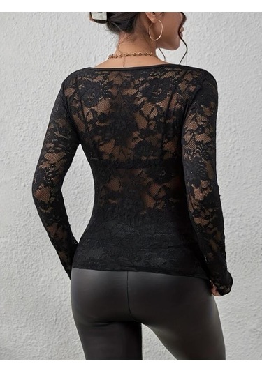 Kadın Sonbahar Ve Kış Yeni Seksi Tek Katmanlı Çiçekli Dantel Kenarlı Süsleme İçlik Küçük Gömlek Üstler Lacivert