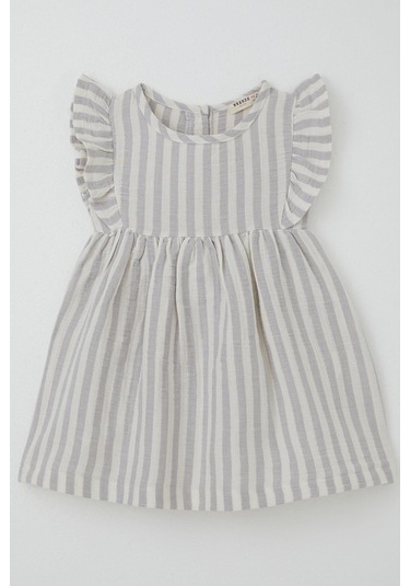 Breeze Kız Çocuk Elbise Arkası Düğme Detaylı Kol Kısmı Fırfırlı 3-8 Yaş, Ekru Ekru