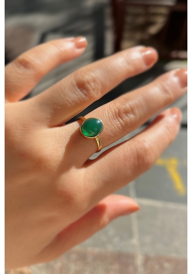 Gümüş 10x8 Mm Yeşil Taşlı Altın Kaplama Yüzük Diğer