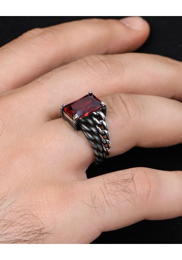 Prestij Gümüş Gemici Zincir Modeli Kırmızı Zirkon Taşlı 925 Ayar Gümüş Erkek Yüzüğü 800927