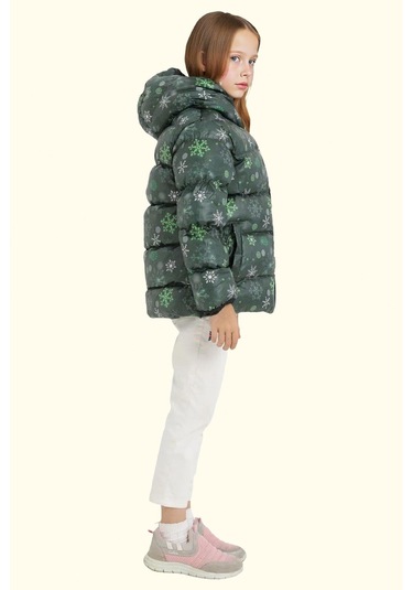 Kız Çocuk Pusula Desen Polar Su Ve Rüzgar Geçirmez Kapüşonlu Şişme Kışlık Mont Yeşil