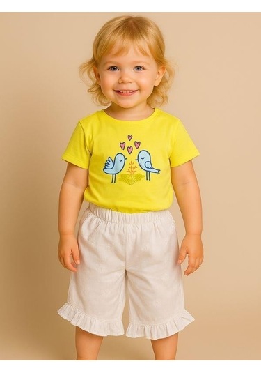 Kız Bebek Kuş Desenli Pamuklu Şortlu Takım-16072 Sari