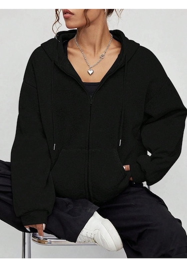 Baskısız Fermuarlı Hırka Sweatshirt - Siyah Oversize Kışlık Kalın Kapüşonlu Siyah
