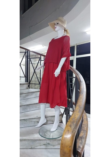 İtalyan Müslin Keteni Üstü File Bluzlu Astarlı Tek Parça Elbise Kırmızı
