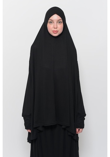 Pratik 2 Parça Pamuklu Yarasa Kollu Başörtülü Tesettür Namaz Elbisesi Siyah Antrasit
