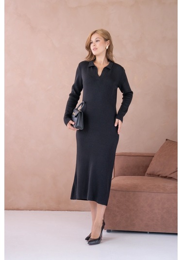Kadın Polo Yaka Yamuşak Dokulu Maksi Boy Triko Elbise Siyah