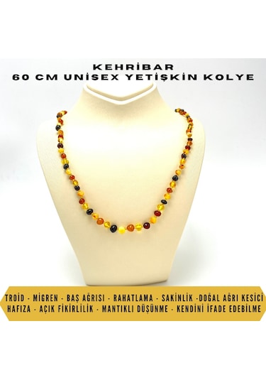 Sertifikalı Yetişkin Kehribar Kolye 60 Cm Unisex Çok Renkli