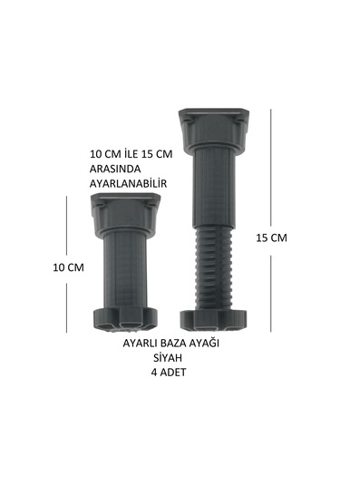 Ayarlanabilir Plastik Baza Ayağı 10-15 Cm, Siyah, Çok Amaçlı Dolap Ayağı 4 Adet Siyah