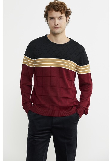 Blok Desen Sıfır Yaka Triko Kazak - Bordo 001