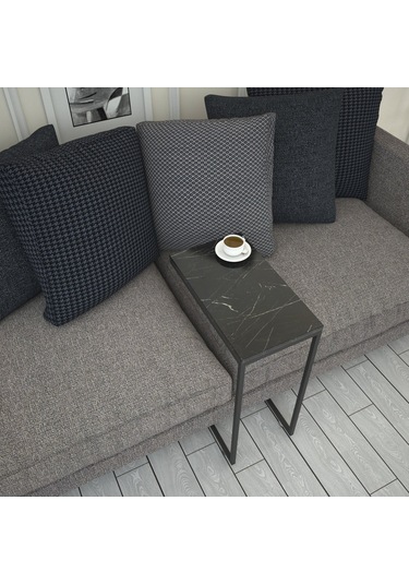 Callen Siyah Mermer Yan Sehpa & Tekerlekli Servis Sehpası Metal