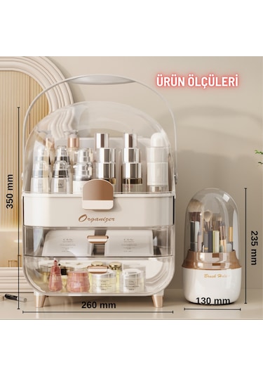 Çekmeceli Kozmetik Organizer Makyaj Kutusu Fırça Takı Ve Aksesuar Düzenleyici Bej