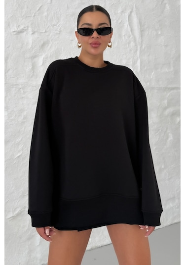 Kadın Siyah Bisiklet Yaka Yanı Yarım Fermuar Detaylı Sweatshirt Siyah