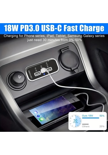 Honeybeeshop Siyah Çift Usb 3.1a Ve Type C Portları 12v Şarj Adaptörü Pd3.0 Qc3.0 Hızlı Şarj 3 Portlu Abs Araba Deniz Kamyon Golf Rv Dıy Kiti