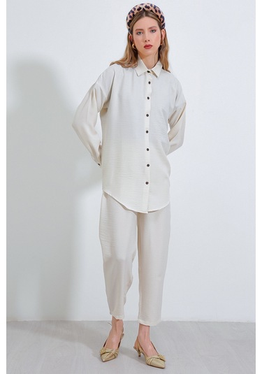 Bigdart Kadın Ekru Oversize Keten Alt Üst Takım 6622 001