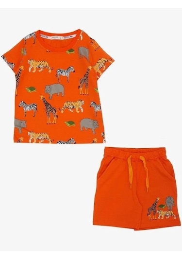 Erkek Bebek Pamuklu Hayvan Baskılı Şortlu Takım-14564 Turuncu
