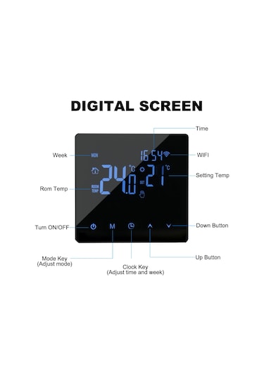 Reedark Siyah Wifi Akıllı Su Isıtma Termostati - Lcd Dokunmatik Ekran, Uygulama Kontrolü, Haftalık Programlama, 3a