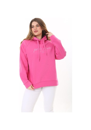 Kadın Büyük Beden Bebe Mavisi İçi Şardonlu 3 İplik Kumaş Kapşonlu Sweatshirt 65n37575-pembe Pembe