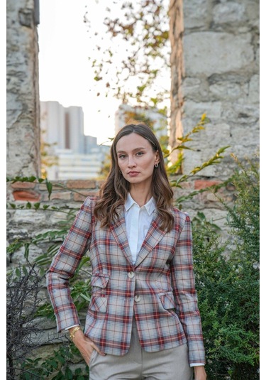 Kadın Ekose Desenli Blazer Ceket Frn6107 Kahverengi