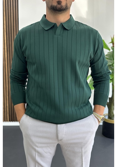 Erkek Açık Yaka Normal Kalıp Kazak Yeşil Edw412 Yeşil