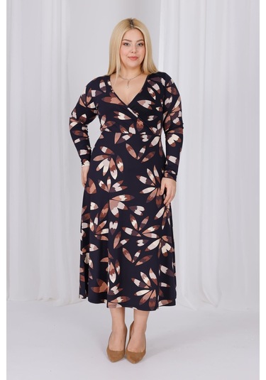 Kadın Siyah Kahve Floral Desen Kruvaze Yaka Büyük Beden Esnek Maxi Elbise Siyah - Kahve