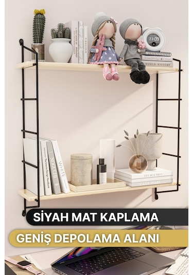 Bino Duvar Rafı Masif Doğal Ahşap Büyük Boy Geniş 2 Katlı Kitaplık Terek Mutfak Rafı Banyo Rafı