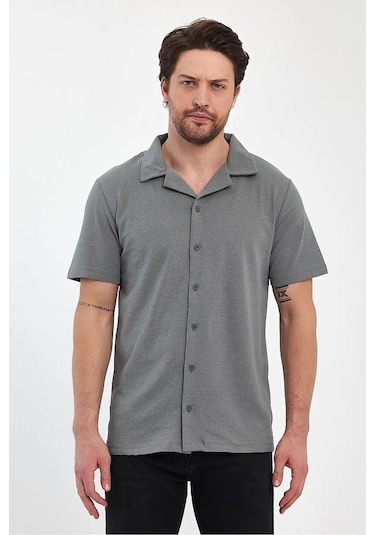 Erkek Rahat Kalıp Ottoman Kumaş Nefes Alabilen Pamuklu Apaş Yaka Gömlek Açık Haki