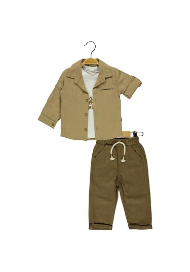 3' Lü Erkek Çocuk Kahverengi Keten Gömlekli Takım-1192 Kahverengi
