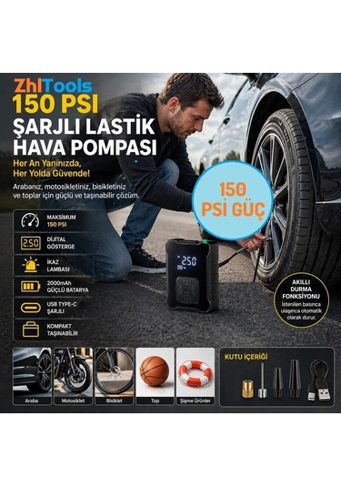 Zhltools Şarjlı Hava Kompreserü İkaz Lambalı Oto Lastik Pompa 150 Psi