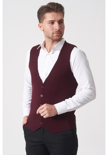 White Stone Campinas 202438 Slim Fit Pamuklu Yelek Triko Bordo Bordo