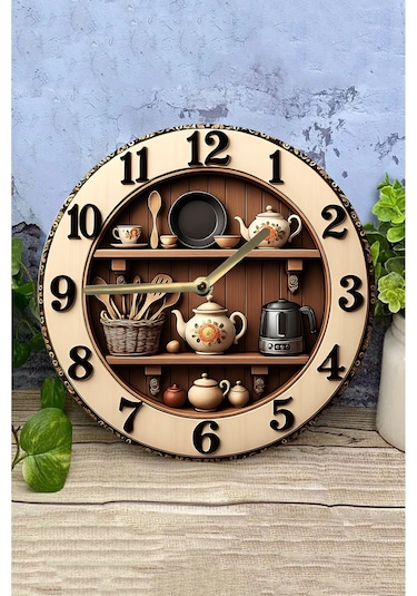 Zaman Mutfakta Pişer Raf Temalı Sessiz Yuvarlak Ahşap Duvar Saati, Kuvars Coffe Desen 2d Sdw208 Renkli