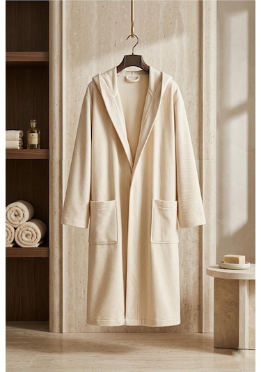 Soft Comfort Lacost Örgü Unisex Kapüşonlu Bornoz Bej