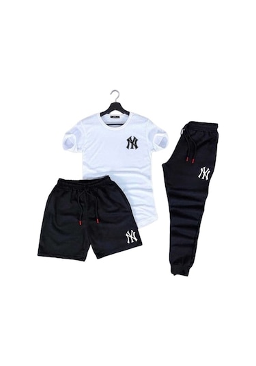 Fifty Color 3'lü Slim Fit Unisex NY Baskılı Tshirt Şort Eşofman Takım Siyah - Beyaz