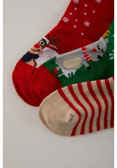 DeFacto Erkek Bebek Yılbaşı Temalı Kaydırmaz Taban 3'lü Pamuklu Uzun Çorap B6307A5NSKR1