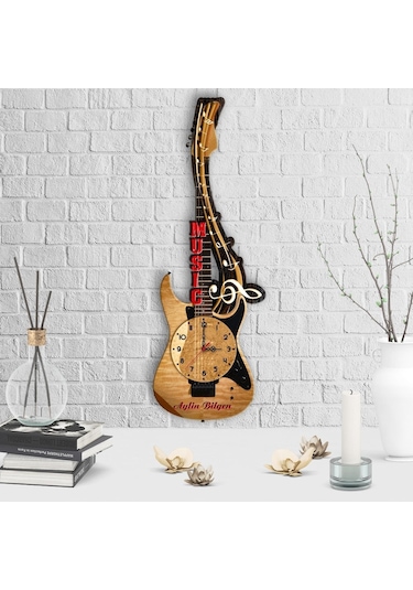 Kişiye Özel Dekoratif Gitar Tasarımlı Ahşap Duvar Saati - 5 Çok Renkli