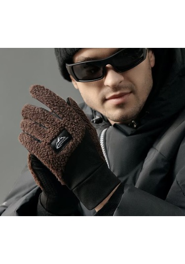 Snapbuy Unisex Kışlık, Parmak Açılır Dokunmatik, Kalın Peluş Eldiven Koyu Kahverengi