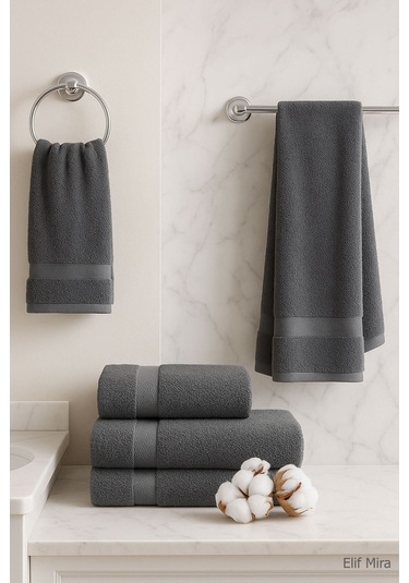 4 Lü Banyo Havlusu Seti %100 Pamuklu 70x140 Cm Pleasure Antrasit-Antrasit