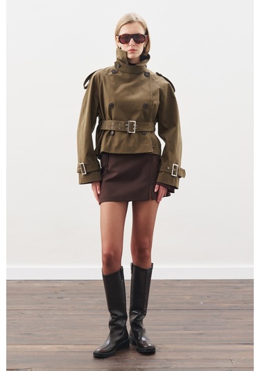 Kemerli Kısa Trençkot Haki Haki