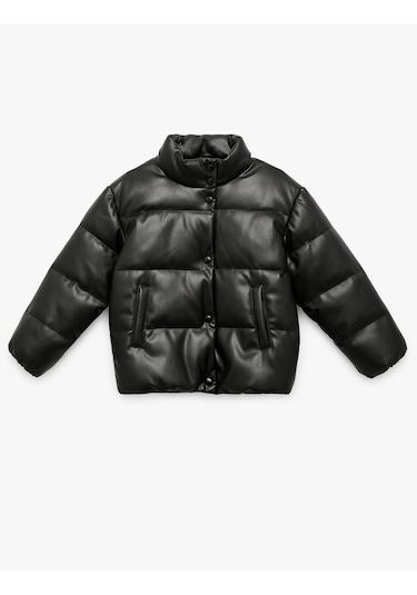 Koton Dik Yaka Cepli Uzun Kollu Suni Deri Şişme Mont Siyah 6wkg20022aw Siyah