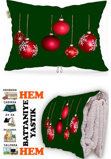 Yılbaşı Noel Desen Baskılı Tv Battaniyeli Opsiyonel Dekoratif Yastık Battaniye 2in1-01 Çok Renkli