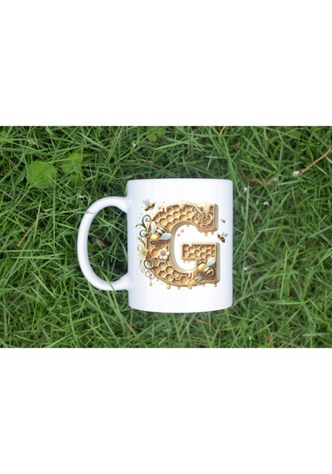 G Harfi Bal Arısı Tasarım Kupa Bardak - Bal Ve Petek Desenli Kişiye Özel Kahve Kupası - Hediyelik Beyaz