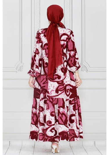 Sevitli Kuşaklı Lilyum Viscon Elbise-bordo-3999-bordo Bordo