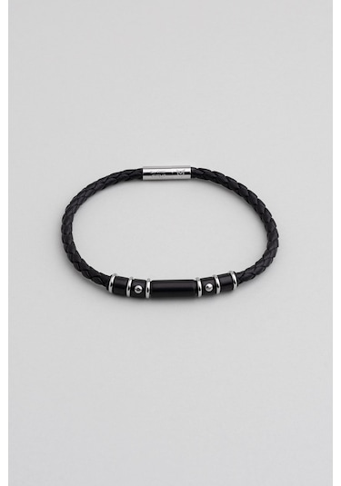 Örgü Detaylı Vegan Deri Erkek Çelik Bileklik Siyah
