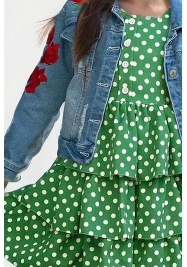 Riccotarz Kız Çocuk Çiçek Baskılı Kot Ceket Puantiyeli Kat Kat Piliseli Yeşil Elbise Yeşil