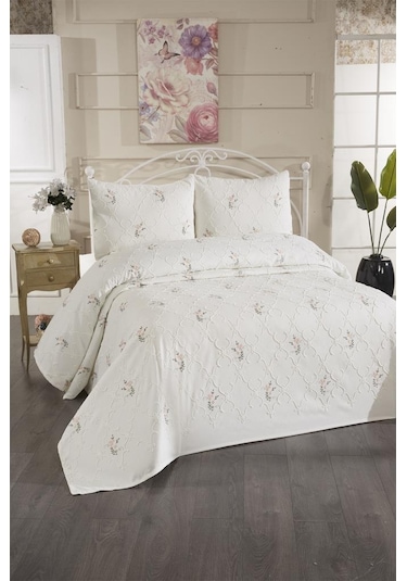 Pinkrose Nakışlı Şönil 3 Parça Çift Kişilik Yatak Örtüsü Krem Krem