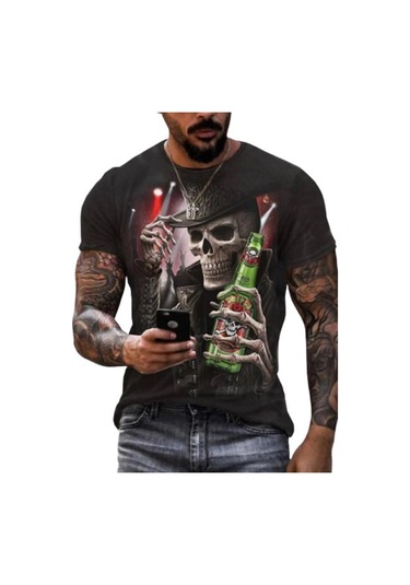 Siyah Yeni Yaz Erkek Moda Tişört Kişilik İskelet Bira Baskılı Erkek Tişört Üst Siyah