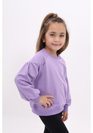 Toontoy Kız Çocuk Relax Fit Bisiklet Yaka Büzgülü Reglan Kol Sweatshirt - 2 İplik Lila