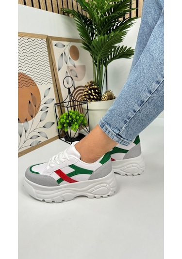 Günlük Kadın Sneaker Kalın Yüksek Taban Bağcıklı Rahat Tiger Şeritli Spor Ayakkabı 032 08-taş Yeşil Kırmızı