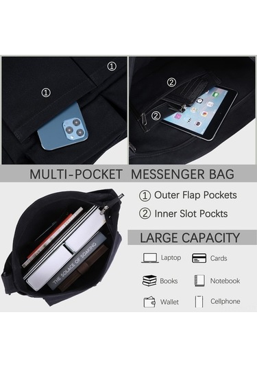 Yulong Kanvas Messenger Çantası Büyük Hobo Çapraz Çanta Çoklu Siyah